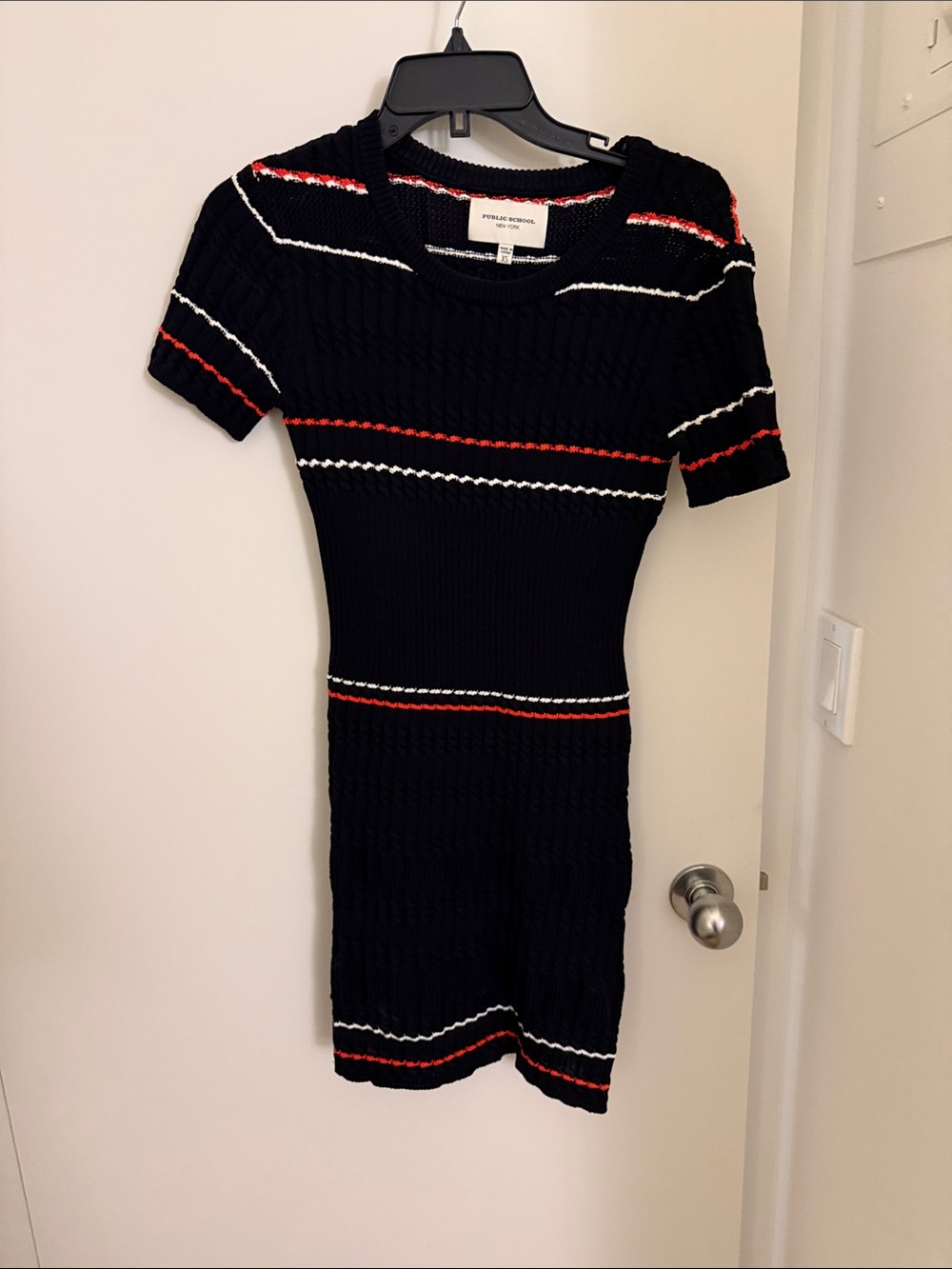 Public School Black Knit Dress with Red and White Stripe Accents